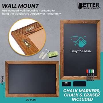 Better Office Products Magnetic Wall Chalkboard Sign, X Large Size 20" x 30", Rustic Wood Frame, Vertical or Horizontal Wall Mount, Includes 4 Chalk Markers + Chalk and Eraser,(Rustic Brown)