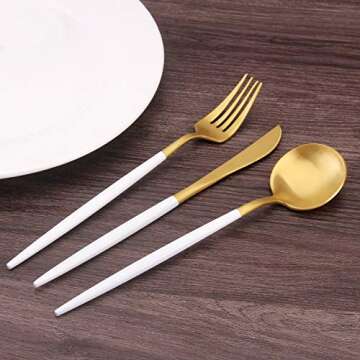 Matte Gold Silverware Set with white handle, Bysta 20-Piece Stainless Steel Flatware Set, Kitchen Utensil Set Service for 4, Tableware Cutlery Set for Home and Restaurant, Dishwasher Safe