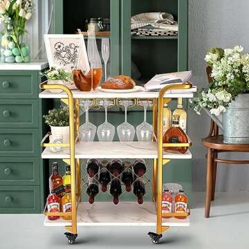 Jubao Gold Bar Cart with 3 Tiers for Stylish Storage, Home Bar Serving Cart with 4 Rows of Glass Holders & 8 Wine Racks, Modern Marbled Solid Wood Cart on Lockable Wheels, Coffee Bar Cart for Kitchen