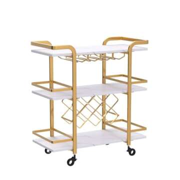 Jubao Gold Bar Cart with 3 Tiers for Stylish Storage, Home Bar Serving Cart with 4 Rows of Glass Holders & 8 Wine Racks, Modern Marbled Solid Wood Cart on Lockable Wheels, Coffee Bar Cart for Kitchen