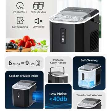 Countertop Ice Maker Machine, Portable Self-Cleaning Ice Machine with Ice Scoop, Basket and Handle, 9 Cubes in 6 Mins, 26 lbs/24Hrs, 2 Sizes of Bullet Ice for Home Kitchen Party and Office (Black)