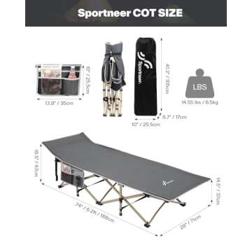 Sportneer Cots for Sleeping, Camping Cots for Adults with Mattress Max Load 450 LBS Heavy Duty Folding Portable Bed with Padded for Camping Tent Office Outdoor Travel Sleep Over