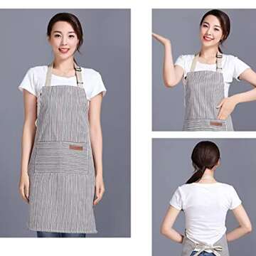 RUIBOLU Adjustable Bib Apron with 2 Pockets Cooking Kitchen Cotton Aprons for Women Men Chef Restaurant BBQ Painting Crafting, Long Ties Neck Strap (Khaki Stripes)