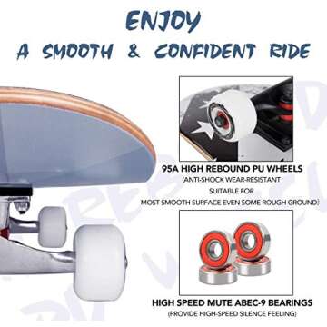 METROLLER Skateboards for Beginners,31 x 8 Complete Standard Skate Boards for Girls Boys, 7 Layer Canadian Maple Double Kick Concave Skateboard for Kids Youth Teens Adults