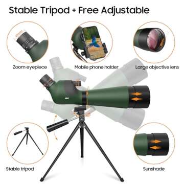 IBQ Spotting Scope, 20-60x85MM Spotting scopes for Target Shooting, Spotting scopes for Hunting, BAK4 High Definition Waterproof Spotter Scopes for Bird Watching,with Tripod