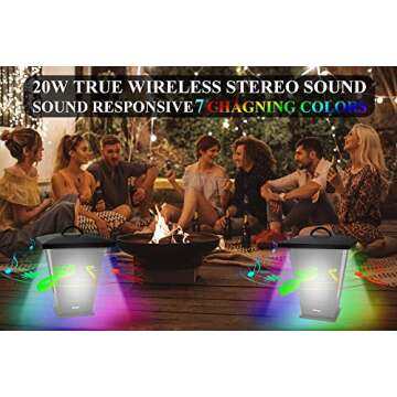 pohopa Bluetooth Speakers Waterproof, 2 Packs True Wireless Stereo Sound 20W Dual Pairing Lantern Indoor Outdoor with 20 Piece Responsive LED Color Lights, Richer Bass, Black