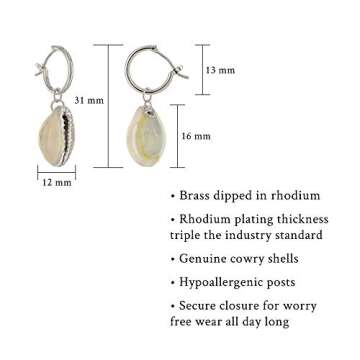 Columbus Rhodium Plated Cowrie Charm Huggie Hoop Earrings - Shell Earrings - Cowry Shell Dangle Earrings - Charm Huggies for Women (Silver Cowry Shell)