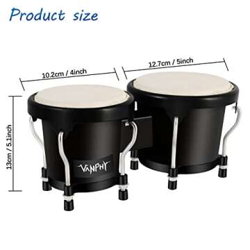 VANPHY Bongo Drum 4'' and 5'' Set for Adults Beginners Tunable Natural Skin Bongos Percussion Instruments With Tuning Wrench and Gift Box (Black)