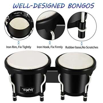 VANPHY Bongo Drum 4'' and 5'' Set for Adults Beginners Tunable Natural Skin Bongos Percussion Instruments With Tuning Wrench and Gift Box (Black)