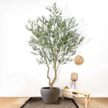 Nafresh Tall Faux Olive Tree，10ft（120in） Realistic Potted Silk Artificial Olive Tree， Fake Olive Trees Indoor with Green Leaves and Big Fruits for Home Office Living Room Stairs Patio Decor.