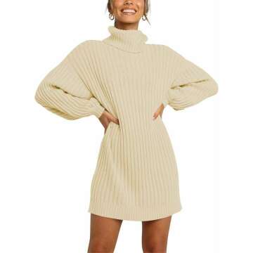 Prinbara Women Turtleneck Long Lantern Sleeve Casual Loose Oversized Sweater Dress Soft Winter Pullover Dresses