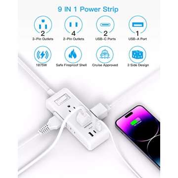 Flat Plug Power Strip, Ultra Thin Extension Cord, 6 Outlets 3 USB Ports(2 USB C), 5ft Multiple Outlet Extender with Wall Mount No Surge Protector for Dorm Room, Cruise, Travel Essentials