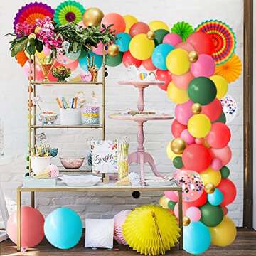 Cinco De Mayo Fiesta Party Decorations - Mexican Themed Balloons Garland Arch Kit + Paper Fans for Birthday Decor Supplies (No Air Pump,Dot&Pennant Banner)