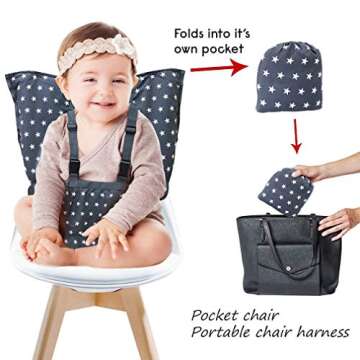 Portable Baby High Chair Safety Seat Harness for Toddler, Baby Travel Essential Easy High Booster Seat Cover for Infant Eating Feeding Camping with Adjustable Straps Shoulder Belt,Holds Up to 38lbs.