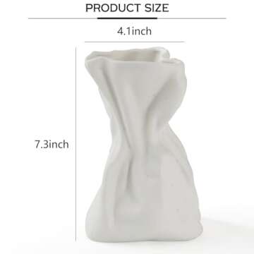 Paper Bag Vase, Unique Crinkle Grab Design Matte Ceramic Vase, Boho Flower Vase for Modern Home Decor, Wedding Dinner Table Party Office Decorative(White)