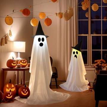 Halloween Ghosts Decorations, 2 Pack Halloween Light Up Ghost Kit, Standing Spooky Ghost Halloween Decor with Remote, Indoor Outdoor Halloween Ghost Party Decorations