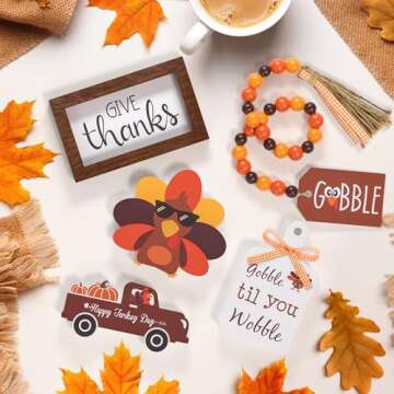 Thanksgiving Tiered Tray Decor - Give Thanks Turkey Wooden Signs Bead Garland Table Signs Farmhouse Decorations for Thanksgiving Party Home Kitchen Office