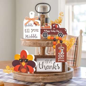 Thanksgiving Tiered Tray Decor - Give Thanks Turkey Wooden Signs Bead Garland Table Signs Farmhouse Decorations for Thanksgiving Party Home Kitchen Office