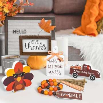 Thanksgiving Tiered Tray Decor - Give Thanks Turkey Wooden Signs Bead Garland Table Signs Farmhouse Decorations for Thanksgiving Party Home Kitchen Office