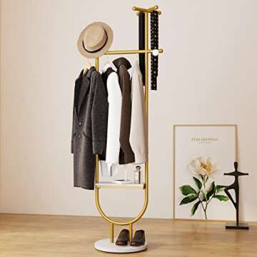 TIEOU Stylish Gold Coat Rack Stand, Modern Clothing Rack with Shelves, Gold Hat Hanger for Hanging Clothes, Small Corner Coat Rack