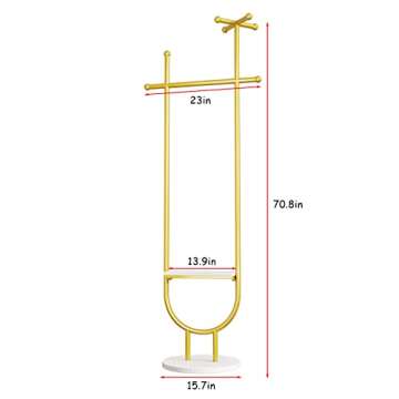 TIEOU Stylish Gold Coat Rack Stand, Modern Clothing Rack with Shelves, Gold Hat Hanger for Hanging Clothes, Small Corner Coat Rack