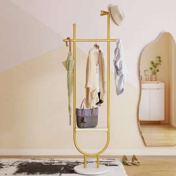 TIEOU Stylish Gold Coat Rack Stand, Modern Clothing Rack with Shelves, Gold Hat Hanger for Hanging Clothes, Small Corner Coat Rack