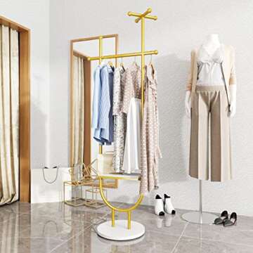 TIEOU Stylish Gold Coat Rack Stand, Modern Clothing Rack with Shelves, Gold Hat Hanger for Hanging Clothes, Small Corner Coat Rack