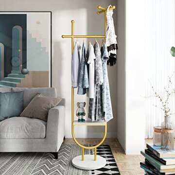 TIEOU Stylish Gold Coat Rack Stand, Modern Clothing Rack with Shelves, Gold Hat Hanger for Hanging Clothes, Small Corner Coat Rack