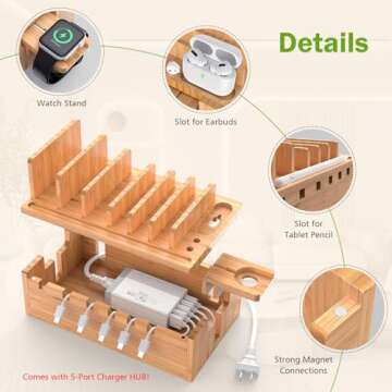 Pezin & Hulin Bamboo Charging Station for Multiple Devices with 5 Port USB Charger, 5 Cables and Watch Stand. Wood Desktop Docking Stations Organizer for Cell Phone, Tablet, Watch, Office Accessories