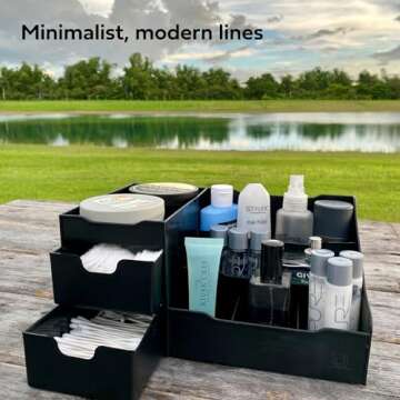 Uncluttered Designs Large Black Vanity Organizer - Countertop Mens Organizer With Drawers for Cologne, Deodorant, Beard, Shaving Lotion, Perfume & Skincare - Perfect for Bathroom & Bedroom Storage