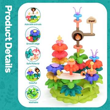 CUTE STONE Flower Garden Building Toys for Age 3 4 5 6 7 Girls, Kids Garden Building Blocks Kit W/Storage Case, Dinosaur Press & Go Cars, STEM Preschool Garden Play Gift for Toddlers