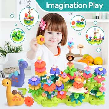 CUTE STONE Flower Garden Building Toys for Age 3 4 5 6 7 Girls, Kids Garden Building Blocks Kit W/Storage Case, Dinosaur Press & Go Cars, STEM Preschool Garden Play Gift for Toddlers