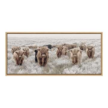 Kate and Laurel Sylvie Herd of Highland Cows Color Framed Canvas Wall Art by The Creative Bunch Studio, 18x40 Natural, Decorative Farmhouse Art for Wall