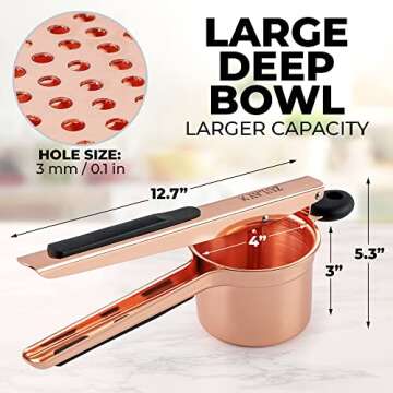 Zulay Kitchen Premium Large 15oz Potato Ricer, Heavy Duty Professional Stainless Steel Potato Masher and Ricer Kitchen Tool, Press and Mash Kitchen Gadget - Rose Gold Fixed Disc