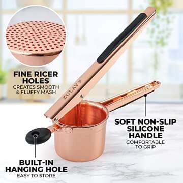 Zulay Kitchen Premium Large 15oz Potato Ricer, Heavy Duty Professional Stainless Steel Potato Masher and Ricer Kitchen Tool, Press and Mash Kitchen Gadget - Rose Gold Fixed Disc