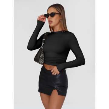 Trendy Queen Womens Long Sleeve Shirts Basic Crop Tops Tight Slim Fit Cute Teen Girls Fall Winter Y2k Clothes 2024 Black M