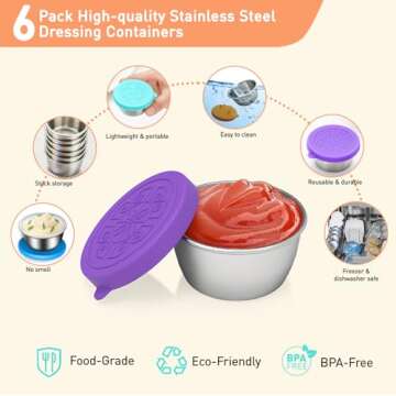 CasaCulina 6x1.6 oz Salad Dressing Container To Go, Stainless Steel Small Condiment Containers with Leakproof Silicone Lids, Reusable Sauce Containers for Lunch Boxes, Picnics and Travel