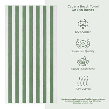 American Soft Linen Beach Towel, Cabana Striped 100% Cotton Pool Towels, 30x60 in Oversized Beach Towels, Soft Absorbent Sand Free Swim Towels, Sage Green