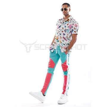 SCREENSHOTBRAND-P41901 Mens Activewear Premium Slim Fit Track Pants - Athletic Jogger Color Block Cut & Sew Sportswear Bottoms-Turquoise-Medium