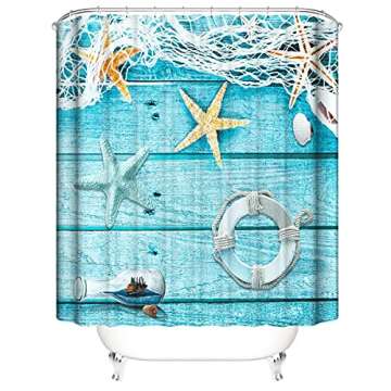 Nautical Shower Curtain Sets, Bathroom Rugs and Accessories, Ocean Nautical Shower Curtain with 12 Hooks, Durable Waterproof Fabric Shower Curtain