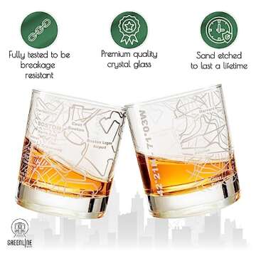 Greenline Goods Whiskey Glasses - 10 Oz Tumbler Gift Set for Boston lovers, Etched with Boston Map | Old Fashioned Rocks Glass - Set of 2