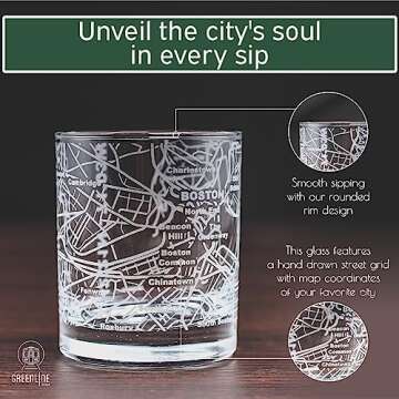 Greenline Goods Whiskey Glasses - 10 Oz Tumbler Gift Set for Boston lovers, Etched with Boston Map | Old Fashioned Rocks Glass - Set of 2