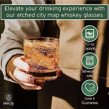 Greenline Goods Whiskey Glasses - 10 Oz Tumbler Gift Set for Boston lovers, Etched with Boston Map | Old Fashioned Rocks Glass - Set of 2