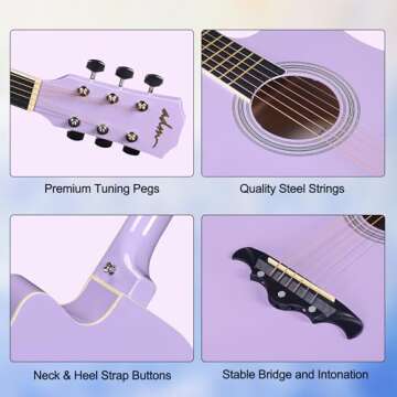 ADM 38" Inch Acoustic Guitar Bundle for Beginners Adults with Online Lesson, Cutaway Wood Acustica Guitarra Starter Set Package with Gig Bag, Strap, Steel Strings, Picks, Capos, Stand, Purple