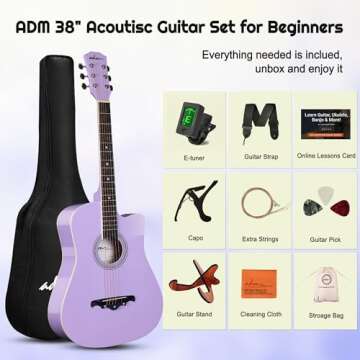 ADM 38" Inch Acoustic Guitar Bundle for Beginners Adults with Online Lesson, Cutaway Wood Acustica Guitarra Starter Set Package with Gig Bag, Strap, Steel Strings, Picks, Capos, Stand, Purple