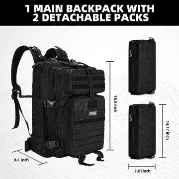 CRAZY ANTS 50L Military Tactical Backpack with 2 Detachable Packs, Black Army Pack, Large Fieldline Molle Bag, Polyester Tactical Bag for Men and Women