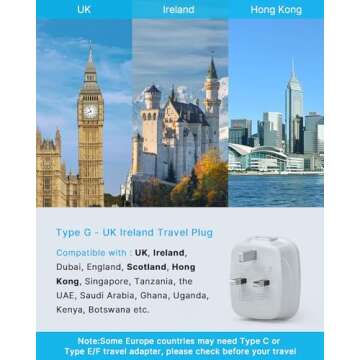 [3-Pack] US to UK Plug Adapter, Ireland Hong Kong Type G Travel Adaptor,VINTAR International Power Adapter with 2 USB,4 in 1 Outlet Adaptor for USA to British England Scotland Irish London Dubai