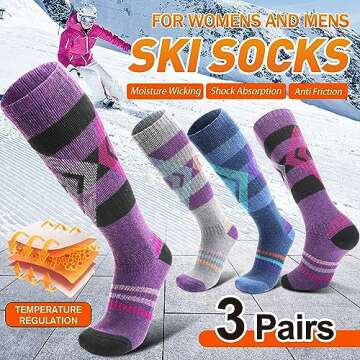 Welwoos Merino Wool Ski Socks for Womens Mens Thermal Winter Warm Thick Knee High Gift Sock Stocking Stuffers for Skiing Outdoor Sports Snowboarding 3 Pairs (Blue/Purple/Grey B,M)