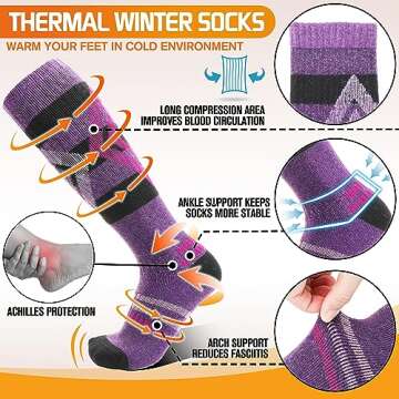 Welwoos Merino Wool Ski Socks for Womens Mens Thermal Winter Warm Thick Knee High Gift Sock Stocking Stuffers for Skiing Outdoor Sports Snowboarding 3 Pairs (Blue/Purple/Grey B,M)