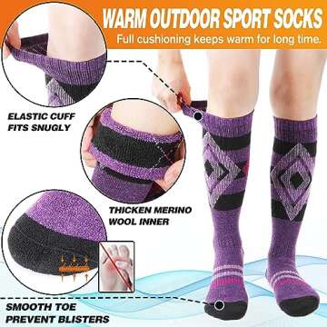 Welwoos Merino Wool Ski Socks for Womens Mens Thermal Winter Warm Thick Knee High Gift Sock Stocking Stuffers for Skiing Outdoor Sports Snowboarding 3 Pairs (Blue/Purple/Grey B,M)